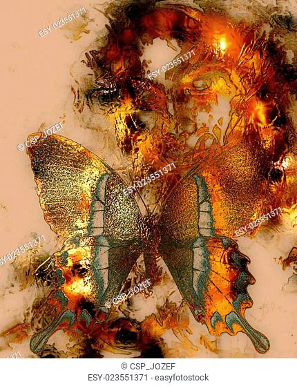 Beautiful Goddness women and color butterfly, mixed media, abstract color background, Golden effect