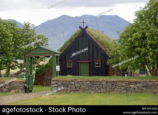 Vidimyrarkirkja, Vidimyri, near Varmahlid. Iceland, sod house, green roof, peat church