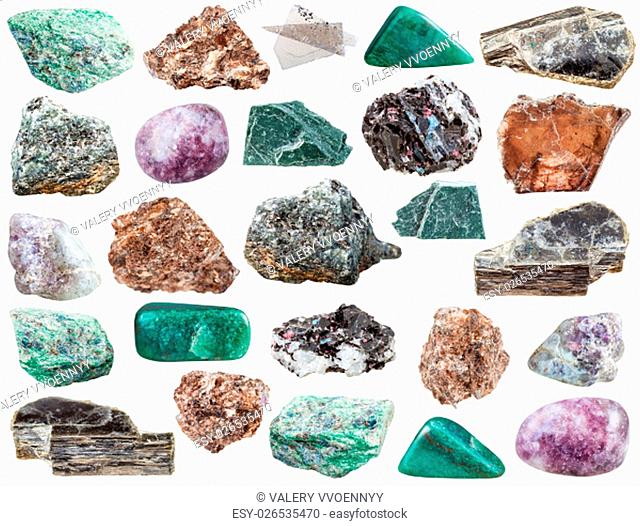 set of various natural mineral stones - various mica gemstones and rocks ( phlogopite, muscovite, phyllite, fuchsite, chrome mica, biotite