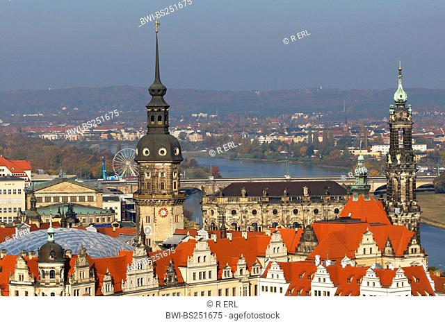 view of Dresden Castle with Hausmann Tower and Hofkirche, Germany, Saxony, Dresden