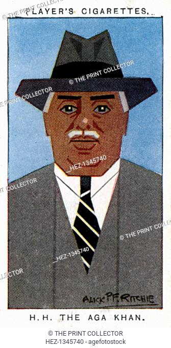 Aga Khan III (Mohammed Shah), Leader of the Ismailis, 1926. Portrait of the Indian-born Aga Khan (1877-1957). Cigarette card with straight-line caricature