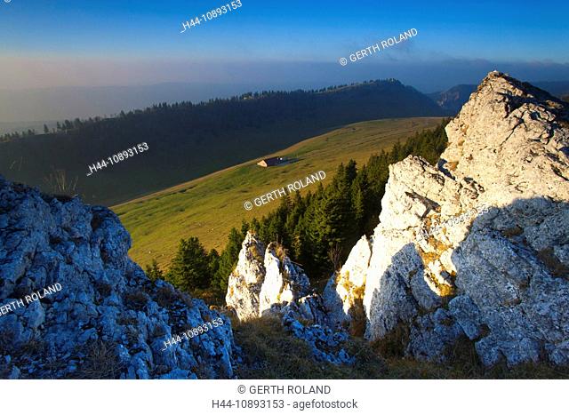 Chasseral, Switzerland, Europe, canton Bern, Berne Jura, vantage point, view point, rock, cliff, evening light, stable, flies