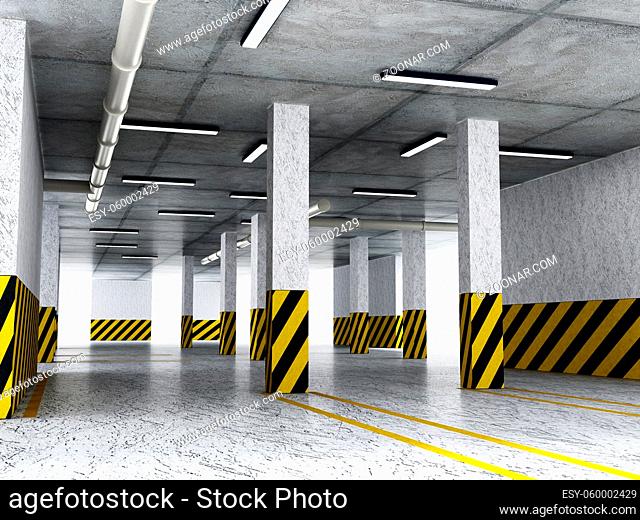 Indoor car parking lot with yellow lines. 3D illustration