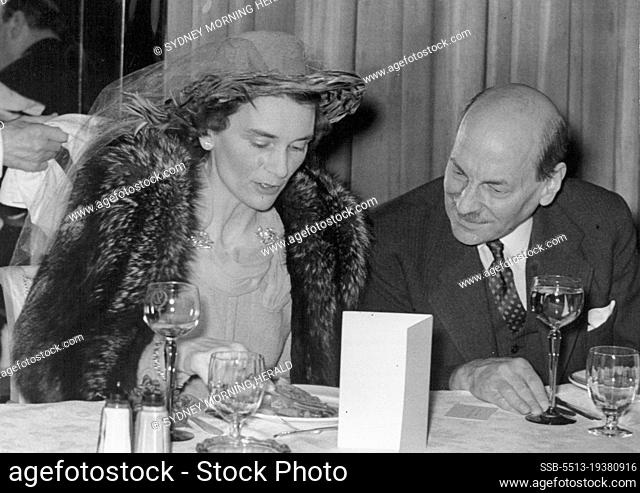 Australia Club Luncheon At The Dorchester Hotel: Duchess of Gloucester chatting with Britain's Prime Minister, Hon, Clement Attlee at the Australia Club...