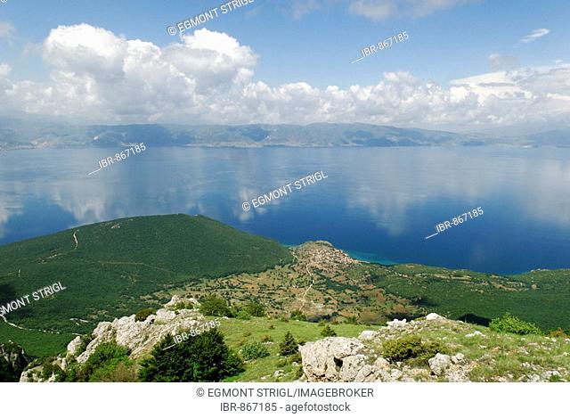 View from Galicica National Park to Lake Ohrid and the coast of Albania, UNESCO World Heritage Site, Macedonia, FYROM, Former Yugoslav Republic of Macedonia