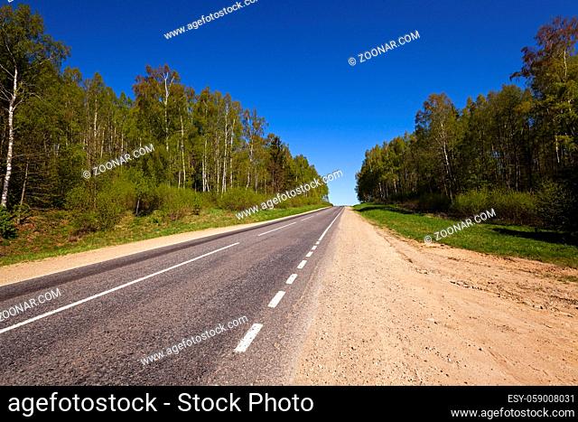 the small rural asphalted road photographed in summertime of year. Belarus