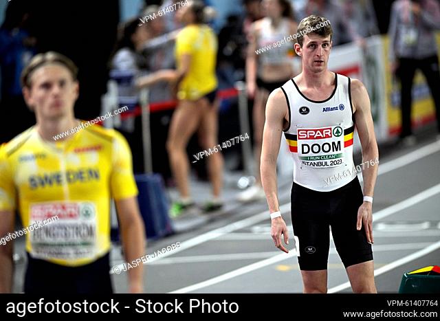 Belgian Alexander Doom reacts after the men's 400m semifinals at the 37th edition of the European Athletics Indoor Championships, in Istanbul