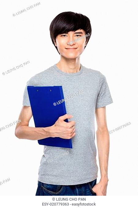 Asian young man hold clipboard
