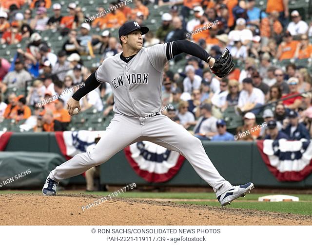 New York Yankees starting pitcher Luis Cessa (85) works in the eighth inning against the Baltimore Orioles at Oriole Park at Camden Yards in Baltimore