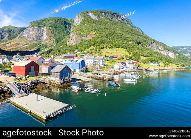 Undredal town and Aurlandsfjord. Aurlandsvangen, Western Norway, Norway