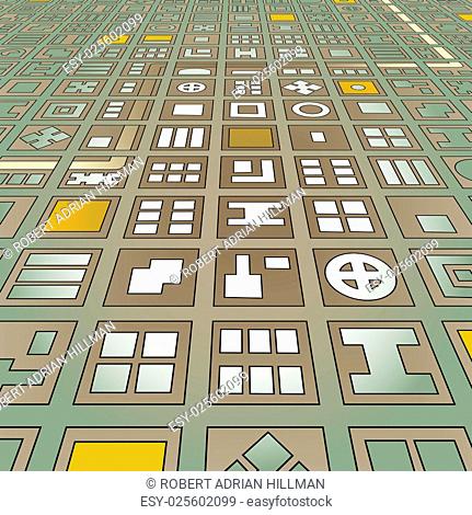 Abstract editable vector stylized map of a generic city in a grid pattern from an angled perspective