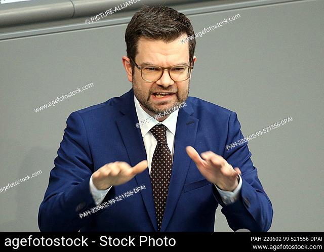 02 June 2022, Berlin: Marco Buschmann (FDP), Federal Minister of Justice, speaks during the debate on the budget of the Federal Ministry for the Department of...