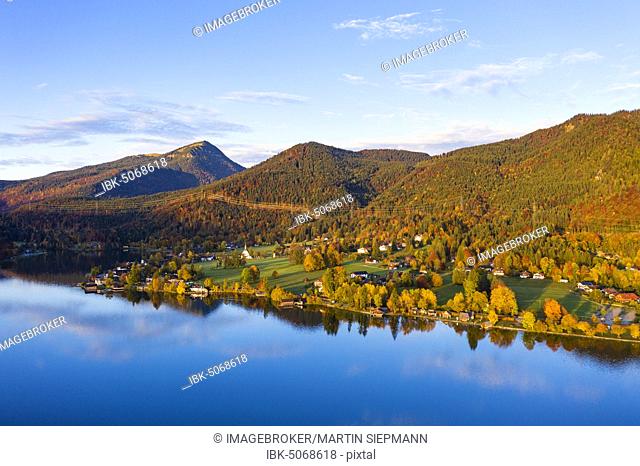 Village Walchensee and Lake Walchensee in the morning light, aerial view, Upper Bavaria, Bavaria, Germany, Europe
