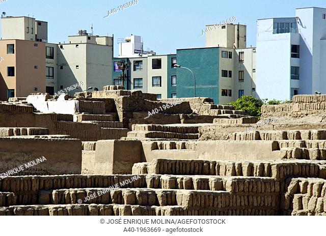 Huaca Pucllana. Lima culture 200 AD and 700 AD. Miraflores district. Lima city. Peru.Archaeological site