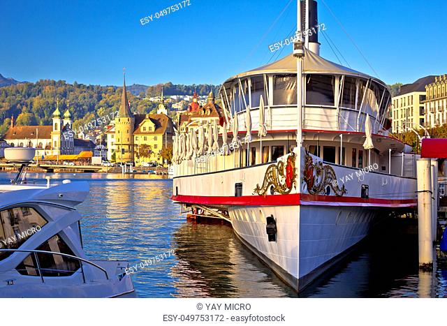 Lucerne waterfront steamboat and architecture view, landmarks of Switzerland
