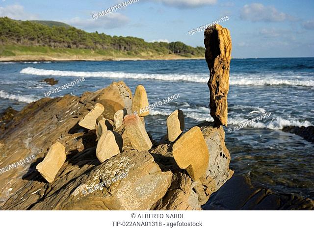 Italy, Campania, Parco Nazionale del Cilento, Punta Licosa Coast, Stone Balancing