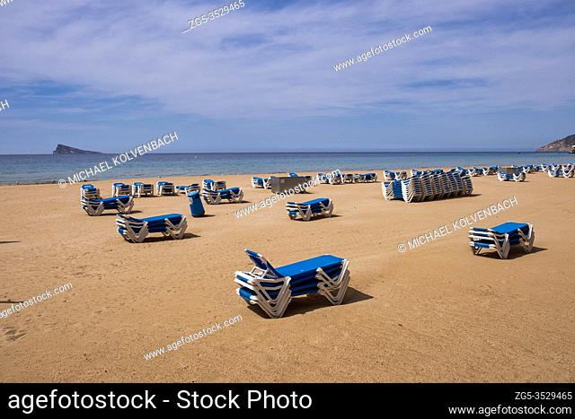 Benidorm, Alicante Spain, 4. 5. 2020, corona crisis: empty sun beds on the deserted Playa Levante beach