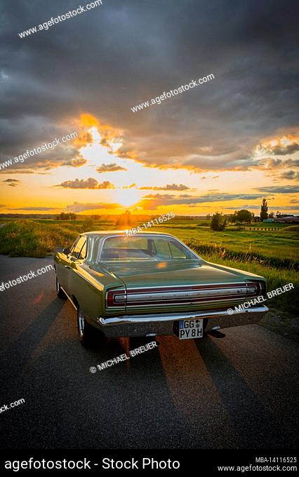 plymouth road runner at sunset, built in 1968, muscle car, vintage car, classic, mopar