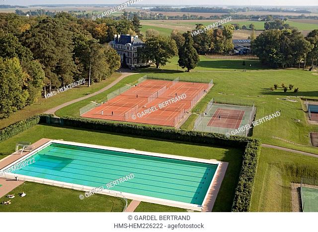 France, Yonne, Savigny sur Clairis, Domaine de Clairis, tennis court and swimming pool aerial view
