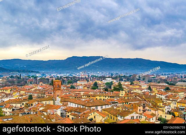 Aerial view of historic center of lucca city from torre guinigi viewpoint