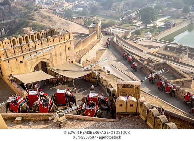 Elephants carry tourists up a stone passage to the Amer Fort in Jaipur, India