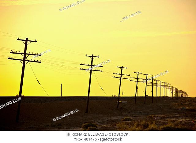 Endless line of telephone poles along the coast of the Salton Sea Imperial Valley, CA