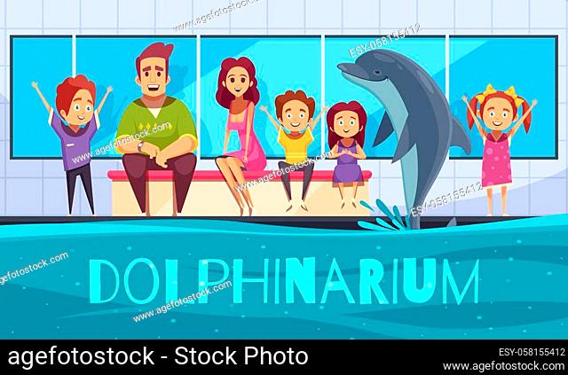Dolphinarium background with view of dolphin jumping out of the pool and cartoon characters of people vector illustration