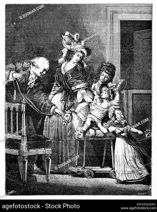Old engraved illustration of The Happy Family drawing by Pauquet, based on Philibert-Louis Debucourt, 1874. Drawing of two woman