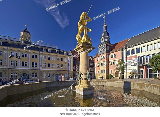 Market square with St George Fountain, Castle and Town Hall, Eisenach, Thuringia, Germany, Europe