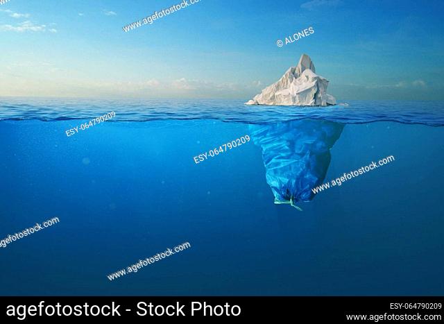 Iceberg - plastic bag with a view under the water. Pollution of the oceans. Plastic bag environment pollution with iceberg