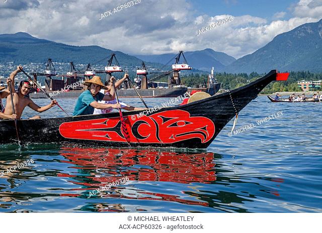 Many People, One Canoe. Salish First Nations, Gathering of Canoes to Protect the Salish Sea, Burrard Inlet, North Vancouver, British Columbia, Canada