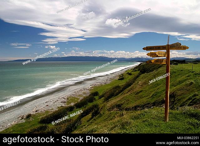 Signpost on the coast, South Island, New Zealand