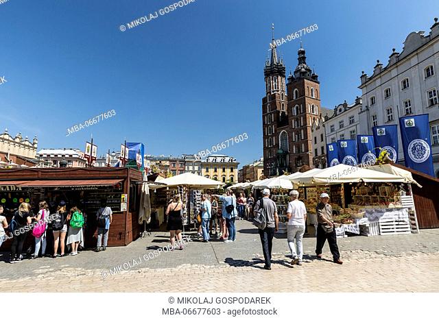 Poland, Lesser Poland, Cracow / Krakow. The Cloth Hall, Main Square and St. Mary's Basilica. The second largest and one of the oldest cities in Poland