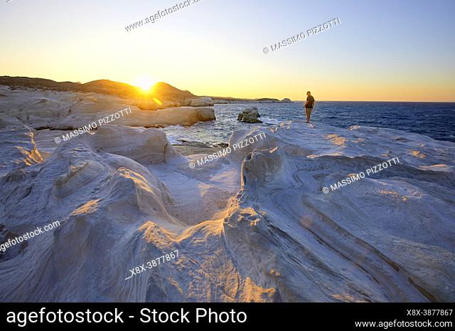 The white cliffs of Sarakiniko Beach at sunset, Milos, Greece