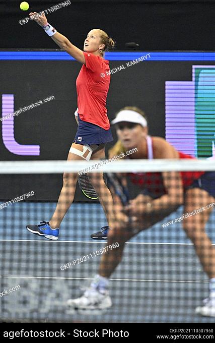 US Coco Vandeweghe, right, and Shelby Rogers play against Russia's Liudmila Samsonova and Veronika Kudermetova during the Women’s tennis Billie Jean King Cup...