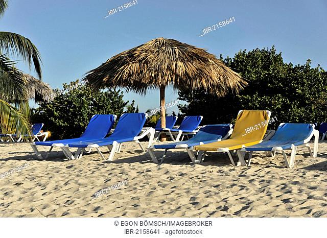 Hotel beach with sunbeds and parasol, 4-star Brisas Trinidad Del Mar Hotel, Trinidad, Cuba, Greater Antilles, Caribbean, Central America, America