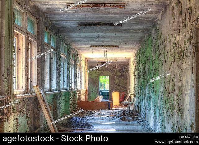 Corridor, Middle School #3, Lost Place, Prypyat, Chernobyl exclusion zone, Ukraine, Eastern Europe, Europe