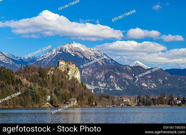 Bled Castle and Julian Alps in winter