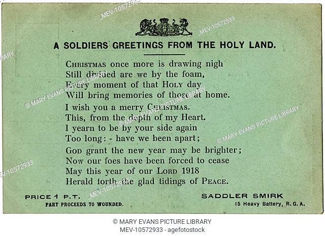 A Christmas postcard from a soldier in the Holy Land at the end of the First World War. Printed with a poem by Saddler Smirk of 15 Heavy Battery