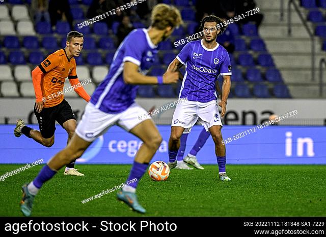 Jay-Dee Geusens (15) of Jong Genk pictured during a soccer game between Jong Genk and KMSK Deinze during the 13th matchday in the Challenger Pro League for the...