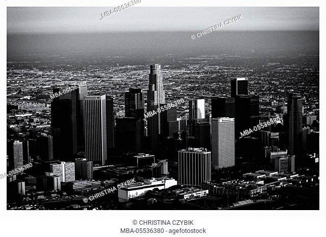 Areal View, Flight over Los Angeles with a view on the skyline of Downtown