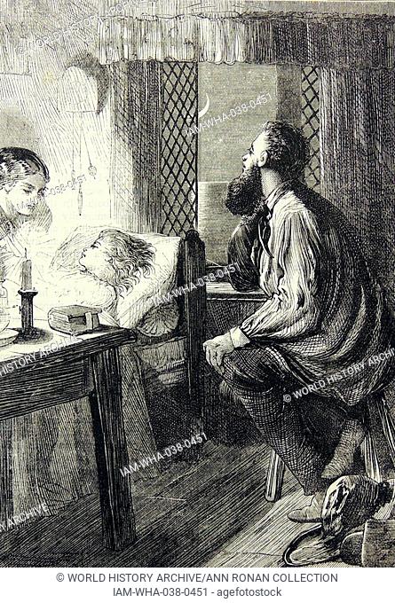 Parents watching through the night at a sick child's bedside. Illustration by Charles Joseph Staniland, London, 1870