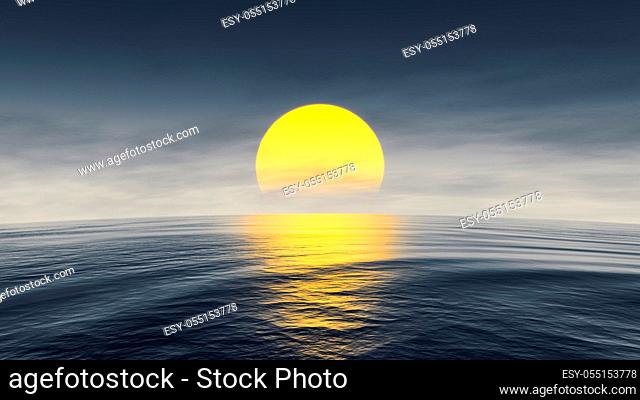 A great sunset over the ocean with curved horizon 3d illustration