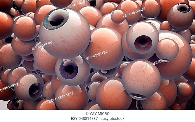An original 3d illustration of artificial out eyes keeping and flying together. They are of different shapes. They symbolize the power of modern medicine