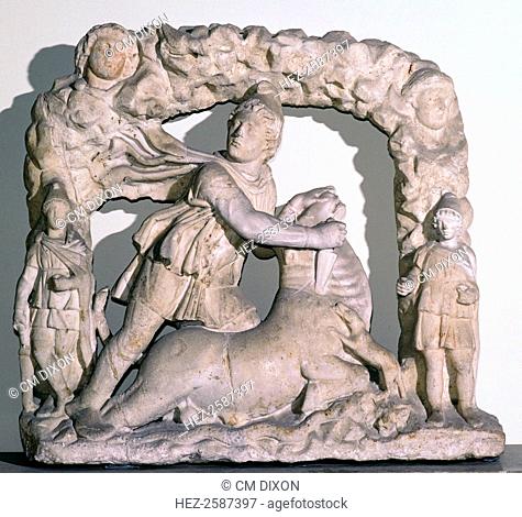Roman statuette of Mithras slaying the bull from Dadofori, Sicily. From Palermo Museum's collection, 3rd century