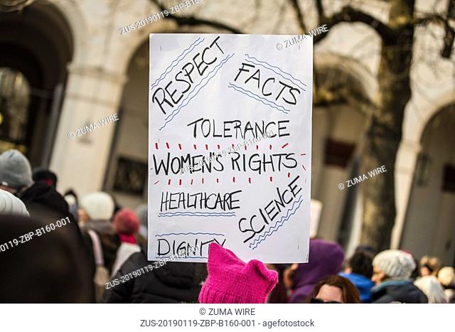 January 19, 2019 - Munich, Bavaria, Germany - A sign with text around tolerance, women's rights, healthcare, science, and facts held at the 2019 Women's March...