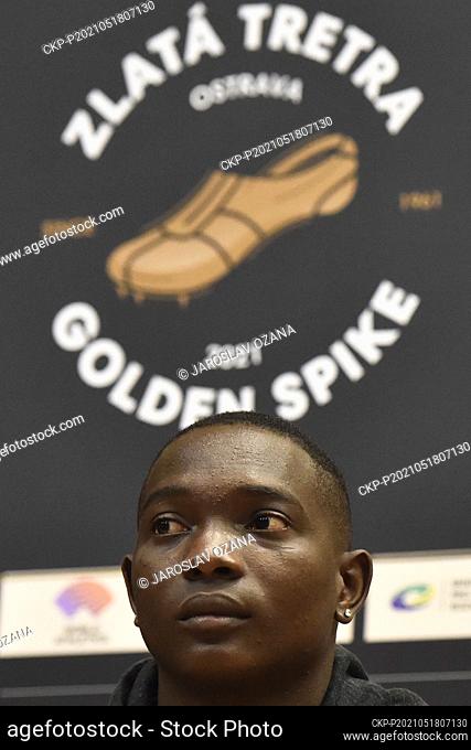 Grenadian javelin thrower Anderson Peters speaks during the press conference prior to Zlata tretra (Golden Spike) Continental Tour - Gold athletic event in...