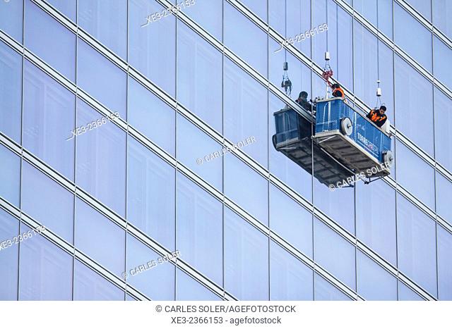 Window cleaner scaffold. Skyscraper. Cuatro Torres Business Area (Four Towers Business Area). Paseo de la Castellana. Madrid. Spain