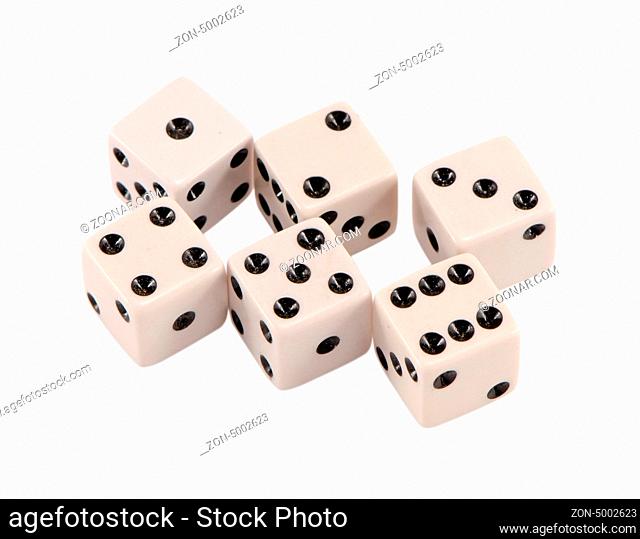 six white gamble dice with black dots and increasing sequence isolated on white background