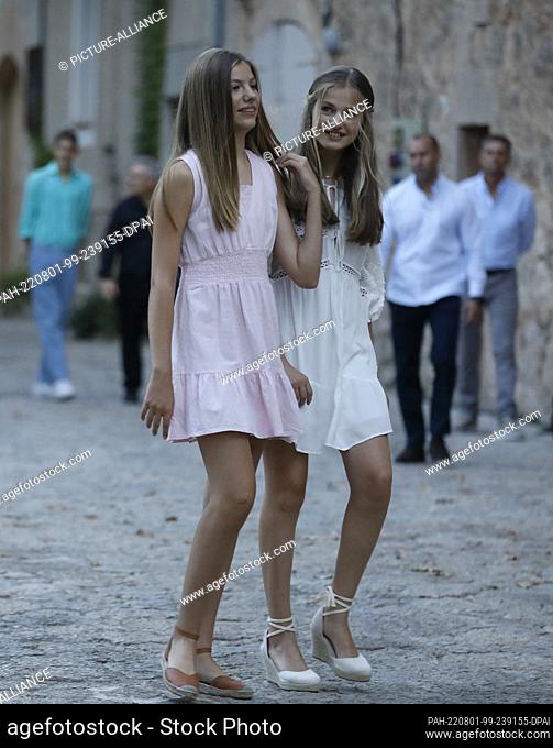 01 August 2022, Spain, Valldemossa: Spain's Crown Princess Leonor and Infanta Sofia (l) visit Cartoixa de Valldemossa. The Spanish royal family has begun its...